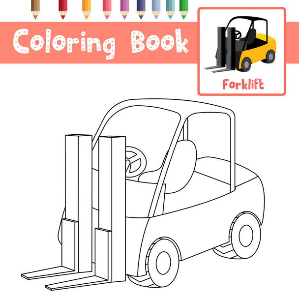 Χρωματισμός σελίδα του χαριτωμένο Forklift κινουμένων σχεδίων προοπτική μεταφορά άποψη χαρακτήρα για τα παιδιά προσχολικής δραστηριότητας εκπαιδευτικό φύλλο εργασίας. Εικονογράφηση διανύσματος. - Διάνυσμα, εικόνα
