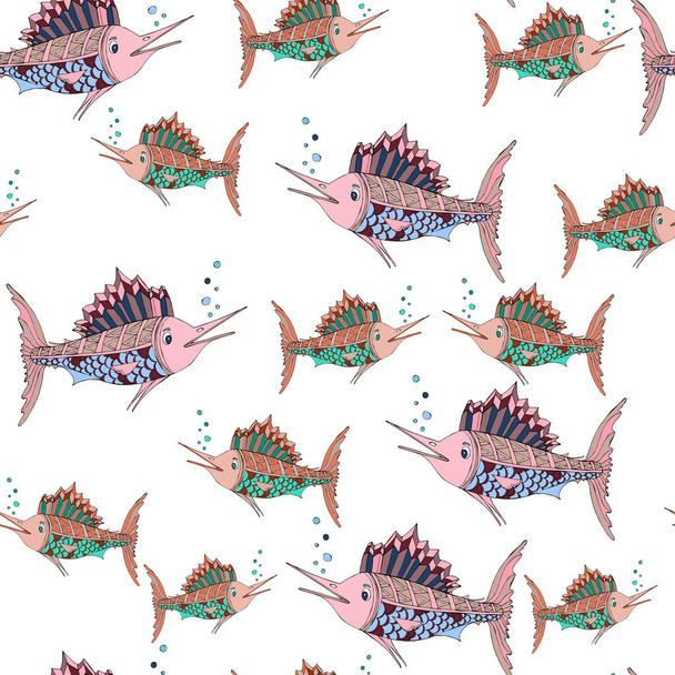 Zökkenőmentes minta. Marlin hal. A tengeri állatok kórokozó-átvivő ábrázolása. Gyönyörű rajzok mintákkal és apró részletekkel. Gyermek ruházat, textíliák, albumok tervezéséhez, gyermekpartik tervezéséhez. - Vektor, kép