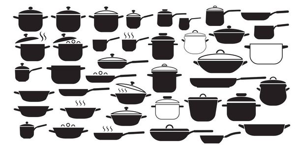 Ensemble vectoriel d'icônes d'ustensiles de cuisine. Pots de collecte et casseroles avec couvercles
. - Vecteur, image