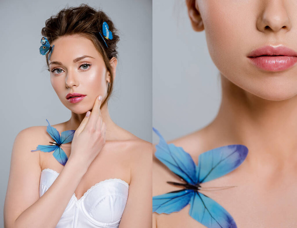 colagem de menina bonita com borboletas decorativas no corpo tocando rosto isolado no cinza
  - Foto, Imagem