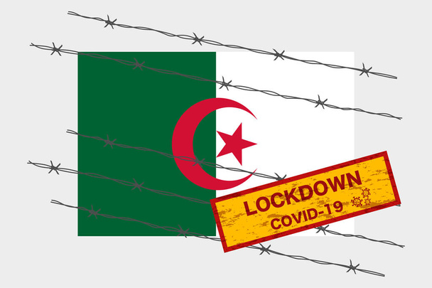 Algeria flag with signboard lockdown warning security due to coronavirus crisis covid-19 disease design with barb wired isolate vector - Vector, Image