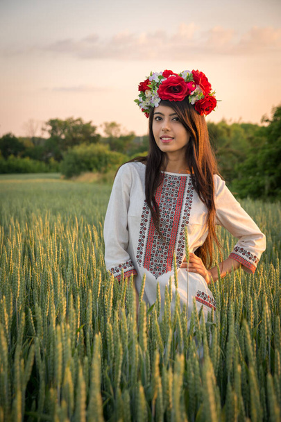 Kaunis nuori nainen käyttää perinteisiä Ukrainan vaatteita ja kukka seppele kävellä vehnäpellolla, kaunis etninen tyttö käsintehty koristeltu kukka kruunu ihailla luontoa. Kultainen tunti
 - Valokuva, kuva