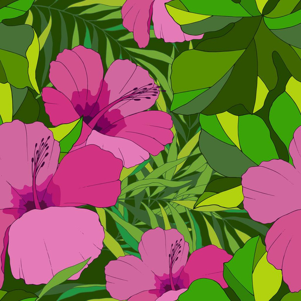 nahtloses Muster mit tropischen Blättern und Blumen, Ornament für Tapeten und Stoffe, Packpapier, Hintergrund für unterschiedliches Design - Vektor, Bild