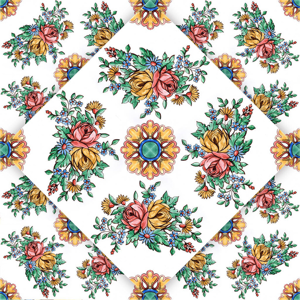 Italian majolica,watercolor illustration Italian majolica decoration on ceramic tiles, in blue, brown, green and yellow,colors - Zdjęcie, obraz
