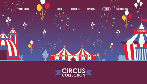 Utazó cirkusz weboldal design, vektor illusztráció. Landing page sablon a karnevál, vidám nagy megnyitó. Fesztivál esemény bejelentése, ünnepség tűzijátékkal - Vektor, kép