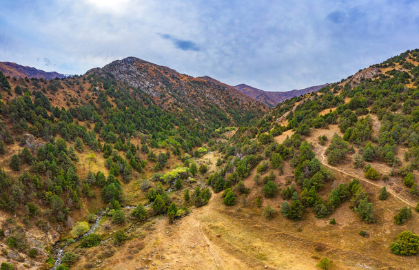 Panorama of the Sairam su gorge in southern Kazakhstan. Sairam Ugam nature Park. Texture background of the foothills of mountains Sairamsu in Central Asia - Photo, Image