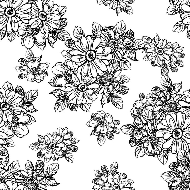 Seamless monochrome vintage style flowers pattern - Διάνυσμα, εικόνα