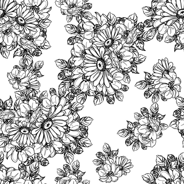 Seamless monochrome vintage style flowers pattern - Vector, afbeelding