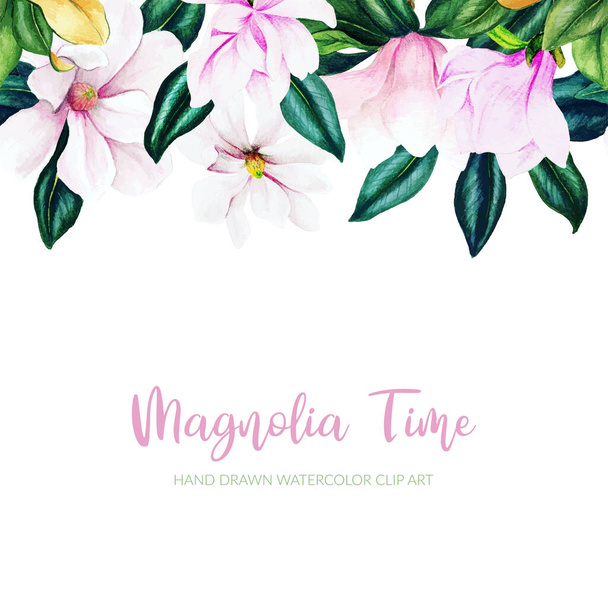 Watercolor magnolia header seamless border, hand drawn - Vecteur, image