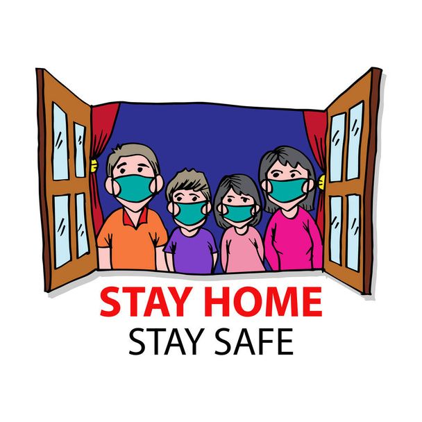 Rimanere a casa stare lettering sicuro con la famiglia indossa maschera medica protettiva a casa
. - Vettoriali, immagini
