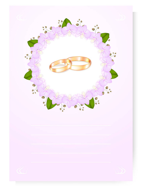 Gold wedding rings on a white background in a circular frame of pink orchids on a light purple background with place for text and white contour hearts in the corners - Vektör, Görsel