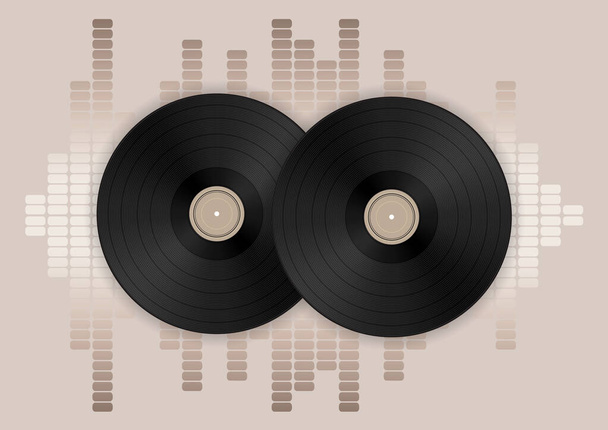 Hudební koncept s vinylovými disky a ekvalizérem na béžovém pozadí. Vektorová ilustrace pro váš design. - Vektor, obrázek