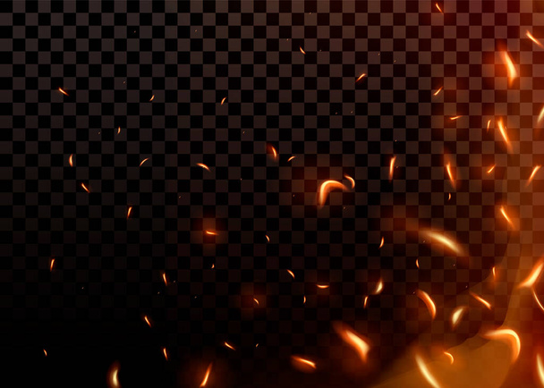 Primer plano de chispas ardientes calientes y partículas de llama
  - Vector, Imagen