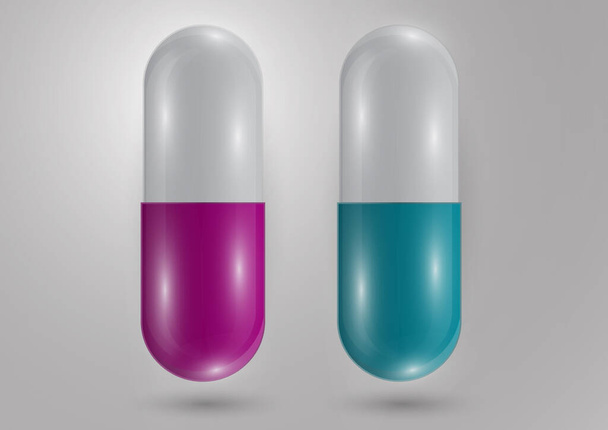 Set. Pill icon closeup, 3d realistic. Medical Isolated on a gray background. Capsule template design for graphic, mockup. The concept of medicine and healthcare. Vector illustration - Vector, Image