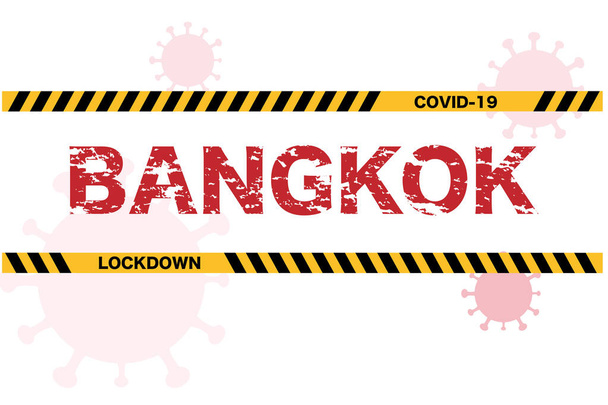 Yellow Barrier tape over the Bangkok text with white grunge texture and coronavirus cell vector Coronavirus pandemic concept - Vector, Image