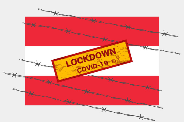 Austria flag with signboard lockdown warning security due to coronavirus crisis covid-19 disease design with barb wired isolate vector - Vector, Image