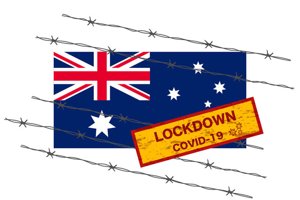 Australia flag with signboard lockdown warning security due to coronavirus crisis covid-19 disease design with barb wired isolate vector - Vector, Image