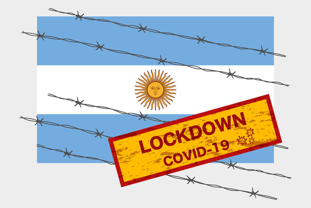 Argentina flag with signboard lockdown warning security due to coronavirus crisis covid-19 disease design with barb wired isolate vector - Vector, Image