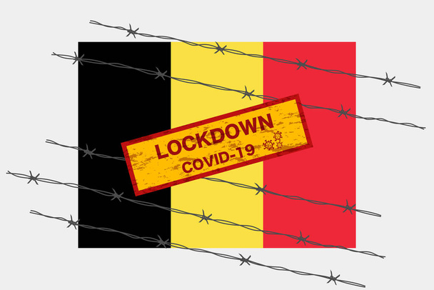 Belgium flag with signboard lockdown warning security due to coronavirus crisis covid-19 disease design with barb wired isolate vector - Vector, Image