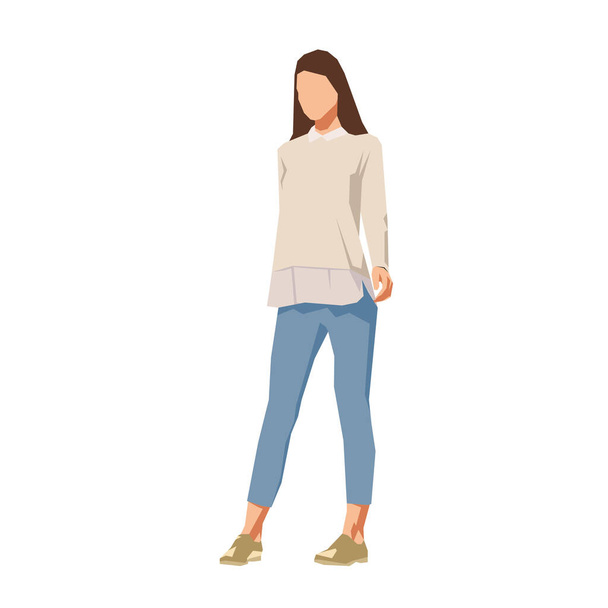 Young woman standing in jeans and shirt, flat design isolated vector illustration - Vetor, Imagem