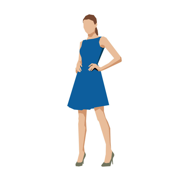 Woman standing in blue summer dress, flat design geometric isolatated vector illustration. Young woman with hands on hips - Vetor, Imagem