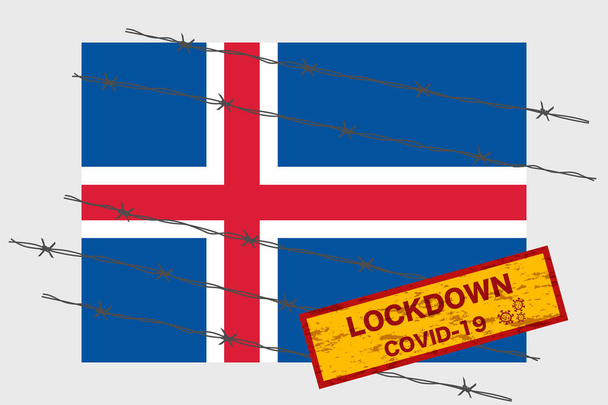 Iceland flag with signboard lockdown warning security due to coronavirus crisis covid-19 disease design with barb wired isolate vector - Vector, Image