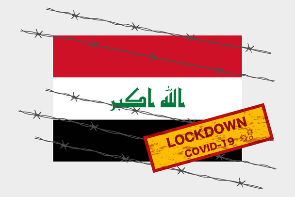 Irácká vlajka s varovným zabezpečením signalizace v důsledku koronavirové krize kovid-19 konstrukce nemoci s ostnatým drátem izolační vektor - Vektor, obrázek