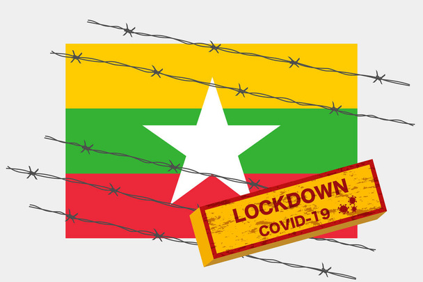 Myanmarská vlajka s výstražným zabezpečením výstražného tabule v důsledku koronavirové krize kovid-19 konstrukce onemocnění s ostnatým drátem izolační vektor - Vektor, obrázek