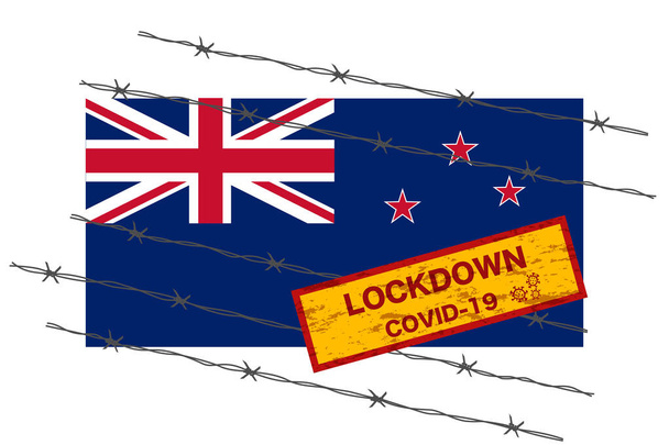 New Zealand flag with signboard lockdown warning security due to coronavirus crisis covid-19 disease design with barb wired isolate vector - Vector, Image