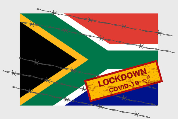 Südafrika Flagge mit Schild Lockdown Warnung Sicherheit aufgrund der Coronavirus-Krise covid-19 Krankheit Design mit Stacheldraht-Isolationsvektor - Vektor, Bild