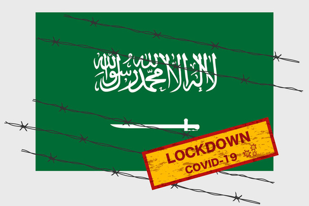 Bandera de Arabia Saudita con letrero de bloqueo de advertencia de seguridad debido a la crisis del coronavirus covid-19 diseño de la enfermedad con púas aisladas por cable vector
 - Vector, imagen