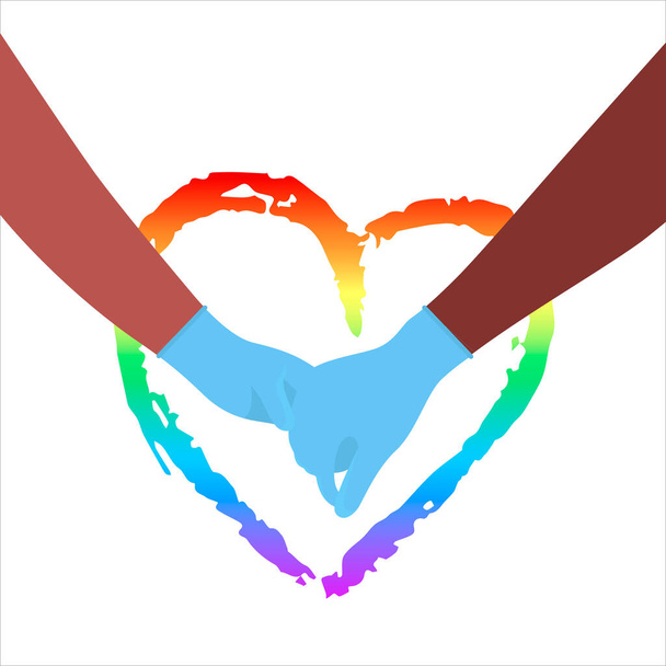 Bunte Regenbogenfarbe Herz. Zwei afrikanisch-amerikanische Hände in medizinischen Handschuhen. LGBT-Community ermutigt zum Einsatz von Schutzausrüstung. - Vektor, Bild