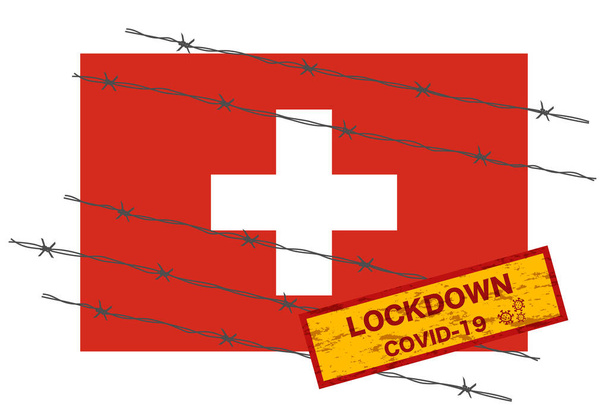 Flaga Szwajcarii z sygnalizatorem blokady ostrzegawczej bezpieczeństwa z powodu kryzysu koronawirusowego covid-19 projekt choroby z przewodem kolczastym wektor izolatu - Wektor, obraz