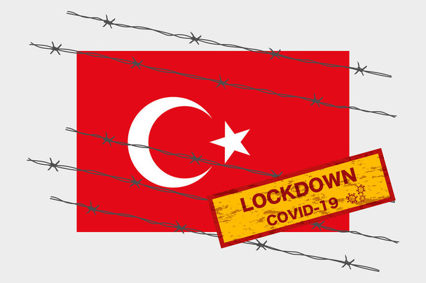 Török zászló jelzőtáblával lezárás figyelmeztető biztonsági miatt coronavirus válság covid-19 betegség kialakítása szögesdrót vezetékes izolátum vektor - Vektor, kép