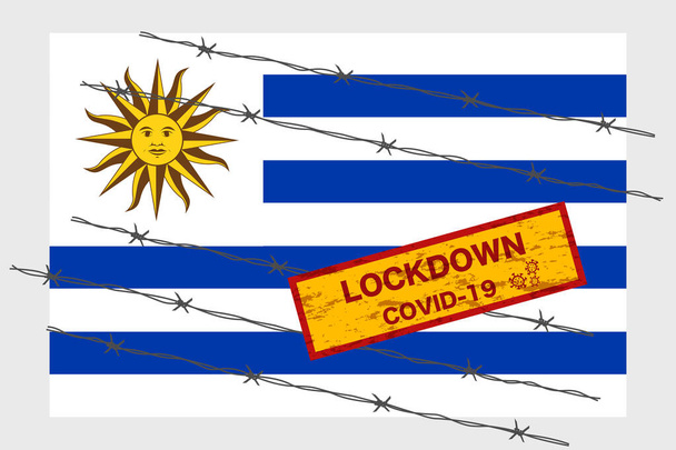 Uruguay flag with signboard lockdown warning security due to coronavirus crisis covid-19 disease design with barb wired isolate vector - Vector, Image