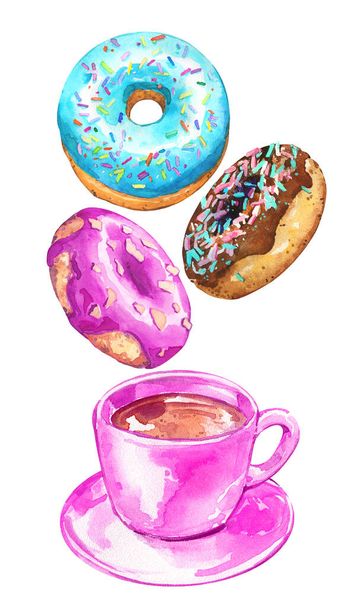 Donut tea coffee cup saucer snack fast food cafe tea party home cook icing sweet watercolor isolated illustration - Фото, изображение
