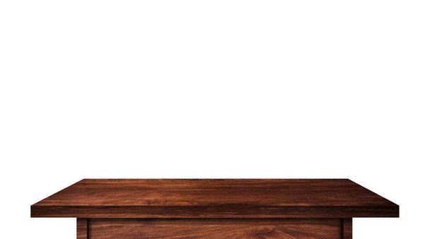 Ξύλινο επιτραπέζιο που απομονώνεται σε λευκό φόντο. Αντιγραφή χώρου που χρησιμοποιείται για την επίδειξη ή μοντάζ σχεδιασμό των προϊόντων σας με περικοπή διαδρομή για την εργασία   - Φωτογραφία, εικόνα