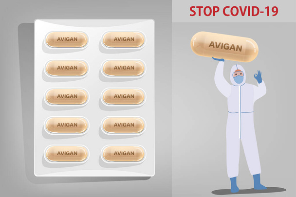 Medicine Capsule pack of Avigan drug for antiviral to treat Covid-19 and doctor in protective suits and arms raise showing real drug capsule isolate Coronavirus disease Vector illustration concept - Vektor, kép