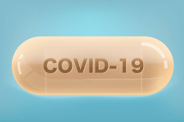 治療のための現実的な抗ウイルスカプセルCOVID-19またはコロナウイルスは青の背景ベクトルイラストに分離 - ベクター画像