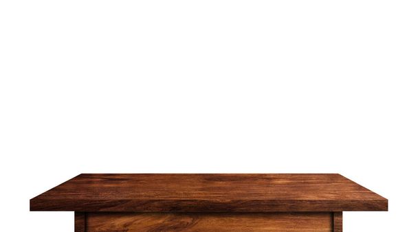 Dřevěný stůl izolovaný na bílém pozadí. Kopírovat prostor pro zobrazení nebo zobrazení vašich výrobků design s oříznutí cesty pro práci   - Fotografie, Obrázek