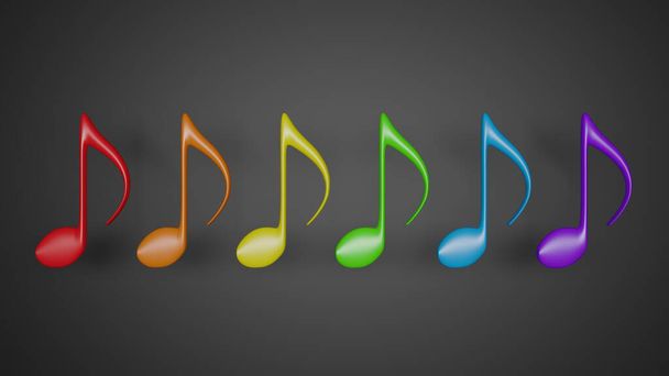 Rainbow colored music note placed on gray gradient background. Concept of colorful decoration related to music, relaxation, celebration or party. 3D render. - 写真・画像