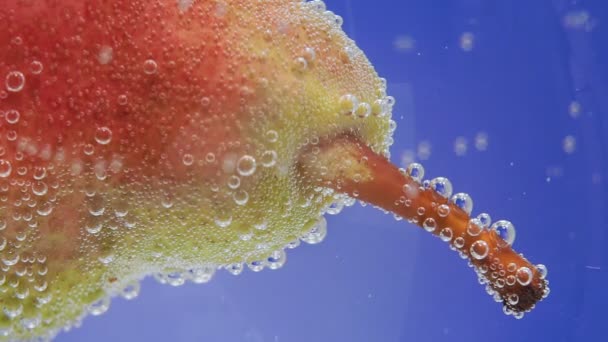 hrušková ovoce zblízka makro ve vodě s bublinkami. čerstvé ovoce - Záběry, video