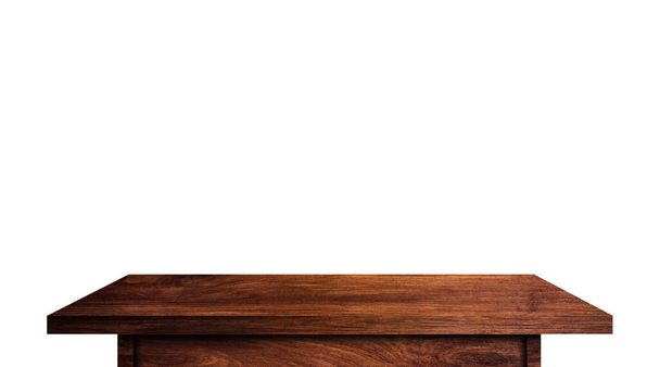 Moderní dřevěný stůl izolovaný na bílém pozadí. Kopírovat prostor pro zobrazení nebo zobrazení vašich výrobků design s oříznutí cestu pro snadnou práci   - Fotografie, Obrázek