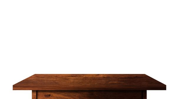 Moderní dřevěný stůl izolovaný na bílém pozadí. Kopírovat prostor pro zobrazení nebo zobrazení vašich výrobků design s oříznutí cestu pro snadnou práci   - Fotografie, Obrázek