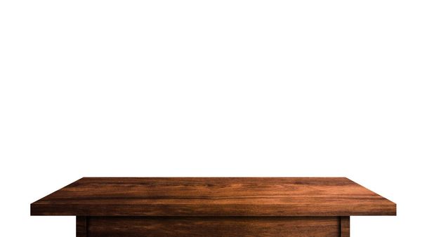 Mesa de madera oscura aislada sobre fondo blanco para el diseño de su producto. Ruta de recorte
 - Foto, imagen