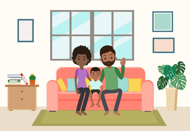 Çizgi filmdeki mutlu Afrikalı aile oturma odasındaki kanepede oturur. - Vektör, Görsel
