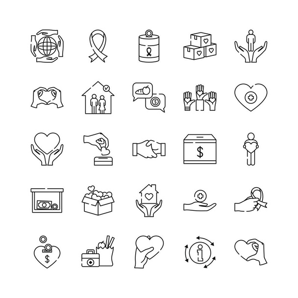 Herzen und humanitäre Hilfe Icon Set, Linienstil - Vektor, Bild