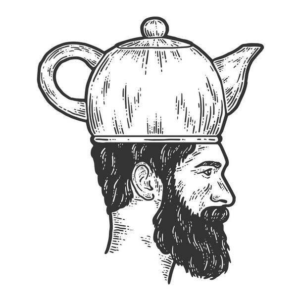 Egy férfi vízforraló teáskanna kalappal gravírozva. Sketch kaparótábla utánzat. - Vektor, kép