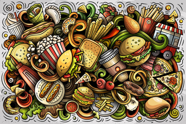 Fastfood hand drawn cartoon doodles illustration. Colorful raster banner - Photo, Image