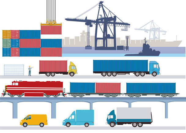 Commerciële haven met goederentrein, vrachtwagen en containerschip - Vector, afbeelding